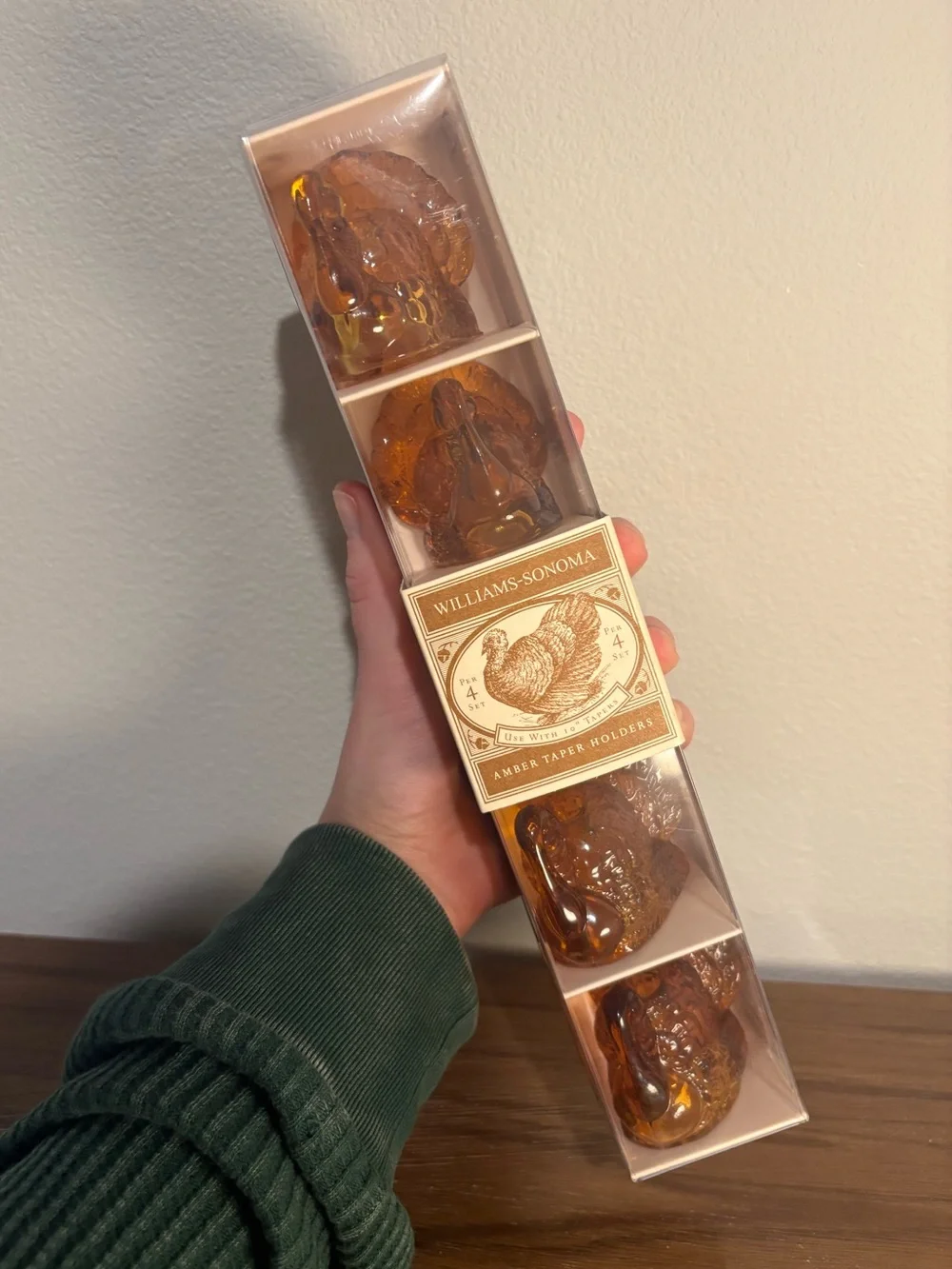 Williams Sonoma Amber Glass Turkey Tiny Taper Candle Holders Set of 4 AUTUMN